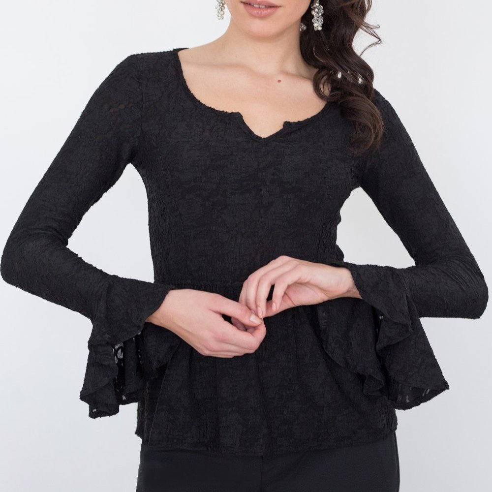 Black top long flared sleeves lace fabric